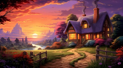 A quaint house illuminated by the warm glow of sunset, standing amidst a serene countryside landscape, with vibrant colors filling the sky.