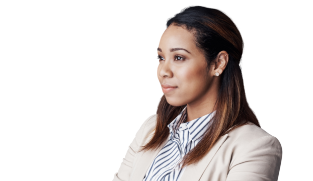 Business, woman or thinking with ideas, opportunity or worker isolated on transparent background. Person, entrepreneur and PR consultant with planning or project with problem solving, png or solution