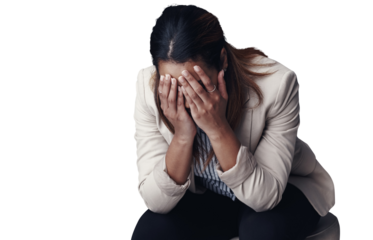 Frustrated woman, mistake and stress with anxiety, depression or mental health on a transparent PNG background. Sad, upset or young female person or business employee in burnout, fatigue or pressure