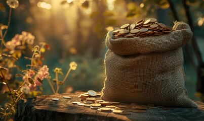 A sack of coins on a table against a natural backdrop, bathed in natural light, rich in symbolism