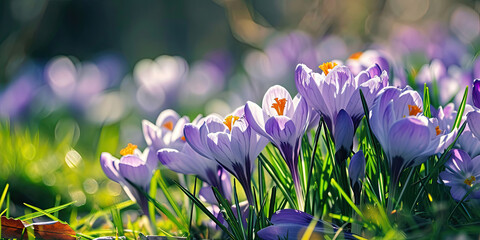 Purple crocus flowers blossom in springtime