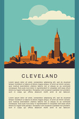USA Cleveland retro city infographic poster with abstract shapes of skyline, buildings. Vintage US Ohio state travel webpage layout concept, vector illustration - obrazy, fototapety, plakaty