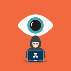 Hacker watching your every move on web. Hacker with laptop computer stealing confidential data, personal information and credit card detail. Hacking concept.	