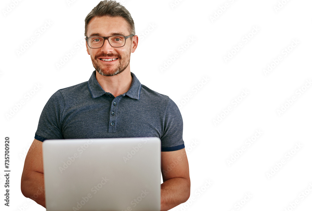 Fototapete Mature man, portrait and laptop for IT with smile, software update or coding on png transparent background. Problem solving, cybersecurity and management at startup for programming and tech with web