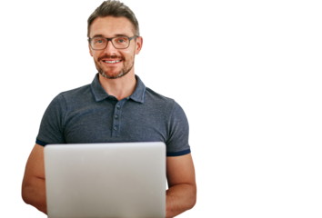 Mature man, portrait and laptop for IT with smile, software update or coding on png transparent background. Problem solving, cybersecurity and management at startup for programming and tech with web