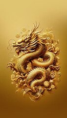 Cute Golden Baby dragon in yellow color background, Chinese zodiac represent of lucky animals, bringing love and heart for New Year Festival, card or screen