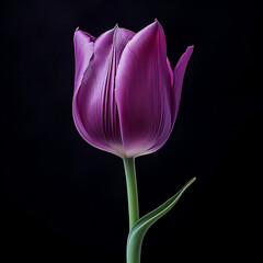 geschlossenen lila Tulpe auf schwarzem Hintergrund, hohe Qualität, isoliert, makro, blatt, closed purple tulip on black background, high quality, isolated, macro, leaf
