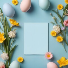 Easter composition. Easter eggs, flowers, paper blank on pastel blue background. Flat lay, top view, copy space.