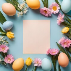 Naklejka na ściany i meble Easter composition. Easter eggs, flowers, paper blank on pastel blue background. Flat lay, top view, copy space.