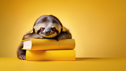 Banner with Little sloth sleeps on a stack of yellow books. Learning difficulties concept.