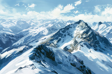 Illustration of snow-covered mountain range under a blue sky with scattered clouds