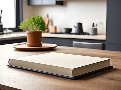 Hardcover book with blank cover design. On a kitchen table design. Space for text design, hardcover books design with blank covers isolated on a wooden table mockup design.