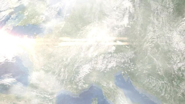 Earth zoom in from space and focus on Tuttlingen, Germany. 3D Animation. Satellite view. Background for travel intro. Images from NASA.