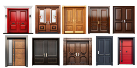 Set of home door elements for open and close isolated on transparent png background, interior design concept.