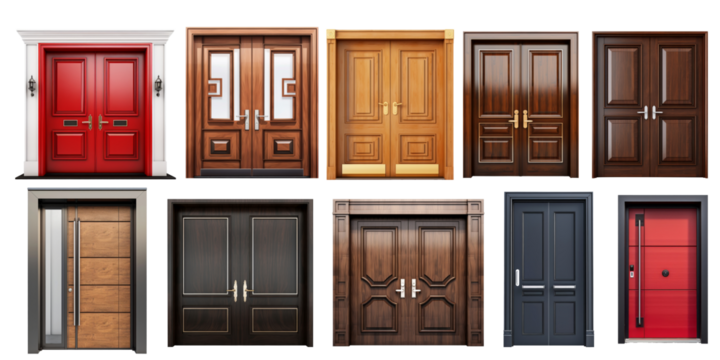 Set of home door elements for open and close isolated on transparent png background, interior design concept.