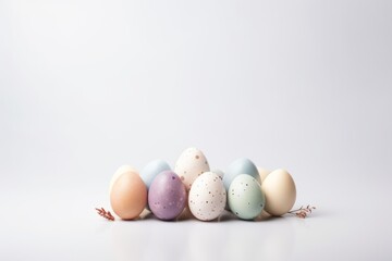 Obraz premium Happy easter concept. Scattered easter eggs in pastel colors on a white tabletop