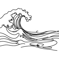 Ocean with waves crashing on the shore, in line drawing style