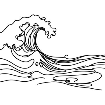 recommend clip art: Ocean with waves crashing on the shore, in line drawing style