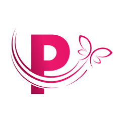 P Letter with  butterfly design template illustration