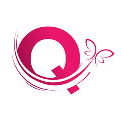 Q Letter with  butterfly design template illustration