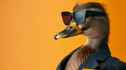 Fotobehang Animal duck portraits Cool business animal in sunglass, copy space, generative ai © Chaman