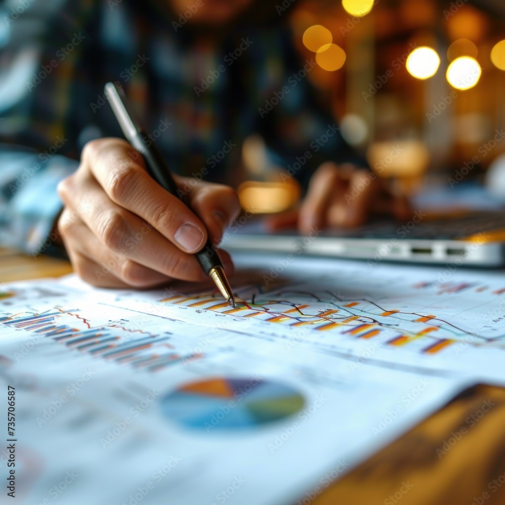 Aufkleber business professionals in office for a strategic financial meeting, analyzing graphs and charts docu