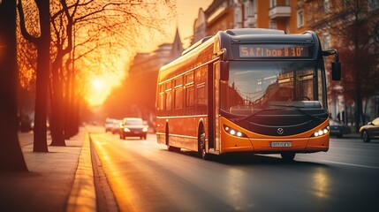 Public transport bus on the city street at sunset. Blurred motion. Travel concept  - obrazy, fototapety, plakaty