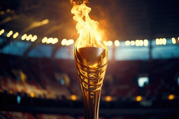 Burning fire on a metal stand on a black background. Close-up.Olympic flame, Ai generated - obrazy, fototapety, plakaty