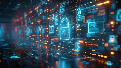 Fototapeta premium Futuristic screen display of icons lock symbol, technology and cybersecurity concept