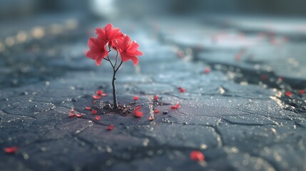 Against a blurred graffiti background, a single pink flower blooms through a crack in the asphalt,...