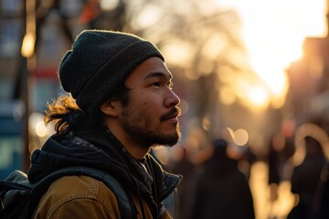 man in a beanie hat lost in thought, with the golden hues of a city sunset illuminating his profile.