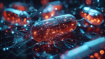 Future healthcare concept of digital holographic pills capsules - obrazy, fototapety, plakaty