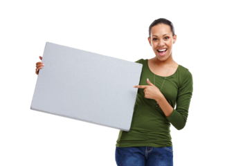 Woman, pointing at poster for advertising and surprise in portrait for info or announcement on png transparent background. Wow face, banner or sign for marketing mockup, presentation and news ads