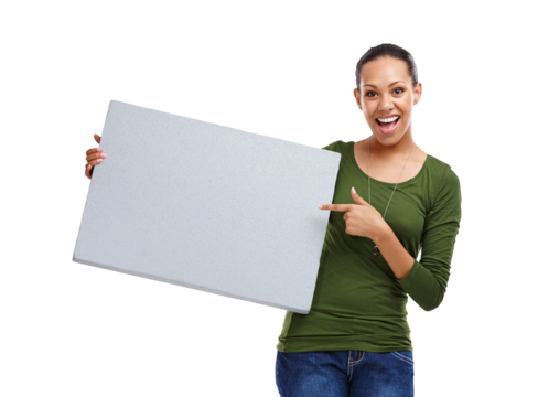 Woman, pointing at poster for advertising and surprise in portrait for info or announcement on png transparent background. Wow face, banner or sign for marketing mockup, presentation and news ads