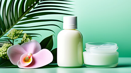 Fototapeta na wymiar a jar of skin care cream in an ecological setting on a pastel background, macap