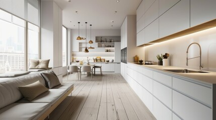 The kitchen radiates contemporary elegance with its minimalist white palette, complemented by grey flooring, and the natural warmth of oak wood built-in furniture