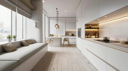 Fototapeta na wymiar interior design is modern kitchen a room with white tones, and gray floors, and decorated with built-in furniture made from oak wood. equipped kitchen with a stylish sink, cabinet, stove, and oven