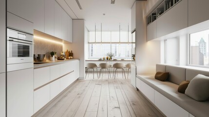 interior design is modern kitchen a room with white tones, and gray floors, and decorated with built-in furniture made from oak wood. equipped kitchen with a stylish sink, cabinet, stove, and oven