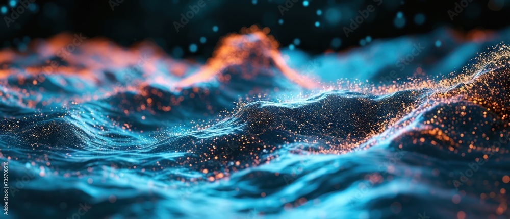 Poster abstract wallpaper featuring a futuristic wave of dots and geometric patterns, illustrating the interconnectedness of science and future network technologies