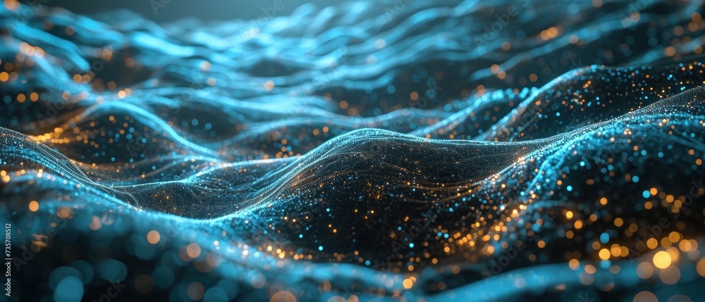 Poster abstract wallpaper featuring a futuristic wave of dots and geometric patterns, illustrating the interconnectedness of science and future network technologies