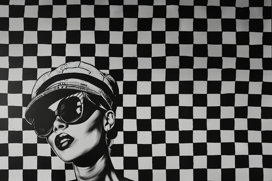 2 tone ska girl, fan de ce style musical anglais des ann&eacute;es 70 avec casquette et lunettes de soleil. Sur fond &agrave; carreaux noirs et blancs, avec espace n&eacute;gatif pour texte copyspace
