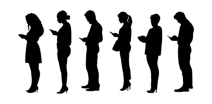 Silhouettes of Different business people standing full length in line queue side view. Monochrome black vector isolated of men, women with gadgets, phones, tablet. Chatting, texting, watching news.