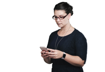 Phone, typing and business woman on internet, research or social media in startup isolated on a transparent png background. Mobile, serious and creative designer on website, scroll or reading email