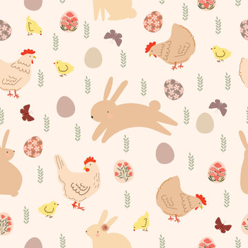 cute easter bunny and chicken in eggs garden hand drawn seamless pattern vector for invitation greeting birthday party celebration wedding card poster banner textiles wallpaper paper wrap background