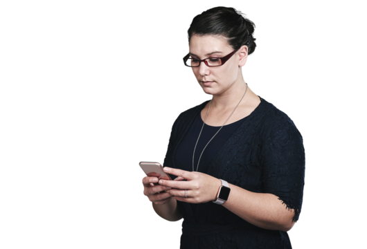 Phone, typing and business woman on internet, research or social media in startup isolated on a transparent png background. Mobile, serious and creative designer on website, scroll or reading email
