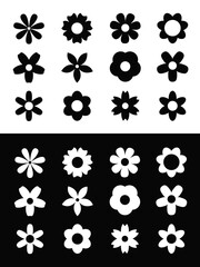 Black White Camomile Daisy icon set. Chamomile big set. Cute round flower plant collection. Simple different shape. Love card symbol. Growing concept. Flat design. Isolated. Black white background.