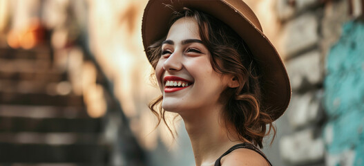 Athletic Woman's Charming Smile in Stylish Hat
