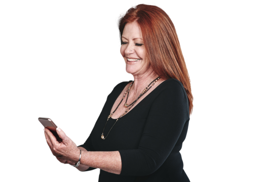 Smartphone, happy manager and business woman reading email on internet, research and network on website isolated on a transparent png background. Phone, creative and mature designer on mobile app