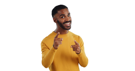 Isolated black man, portrait and point at you for recruitment, choice and welcome by transparent png background. Person, hands and sign for decision, feedback and invitation with smile for promotion