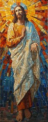 Stained glass painting of Jesus standing in the middle of the window, mosaic